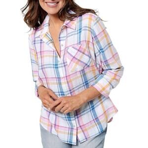 Candace‎ Cameron Bure Linen Blend 2XP Button Front Shirt Pink Blue Yellow Plaid